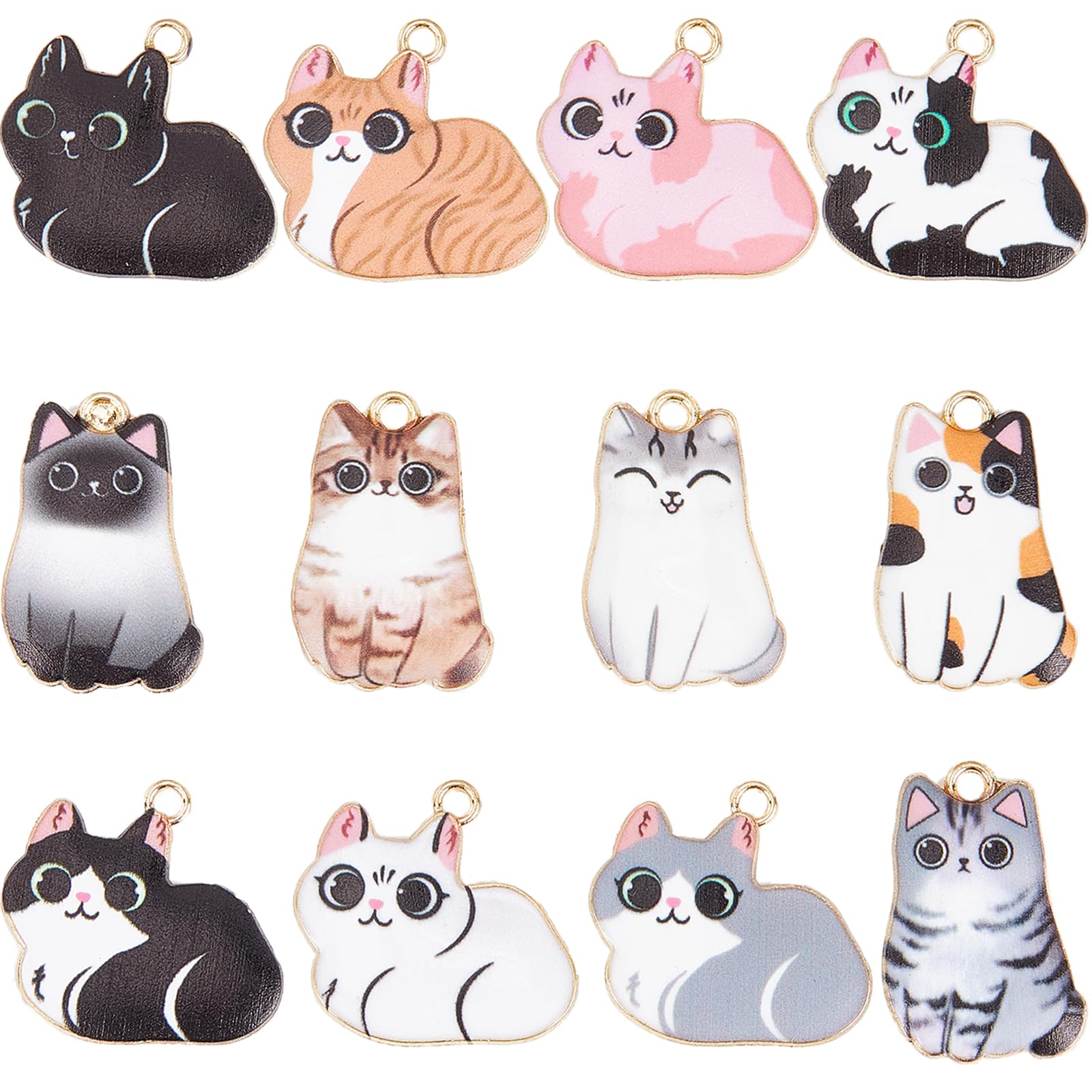 SUNNYCLUE 1 Box 24Pcs Cat Charms Bulk Enamel Cat Kitten Charm Cute Small Animal Pet Black White Animals for jewellery Making DIY Necklace Earrings Bracelets Keychain Supplies