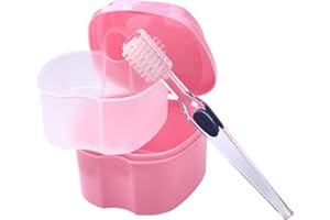 BURIUS Bearals Denture Box, Denture Cup, Denture Case with Brush, Denture Bath Cleaning Soaking Cup with Strainer, Mouth Guard Night Gum Retainer Container (Pink)