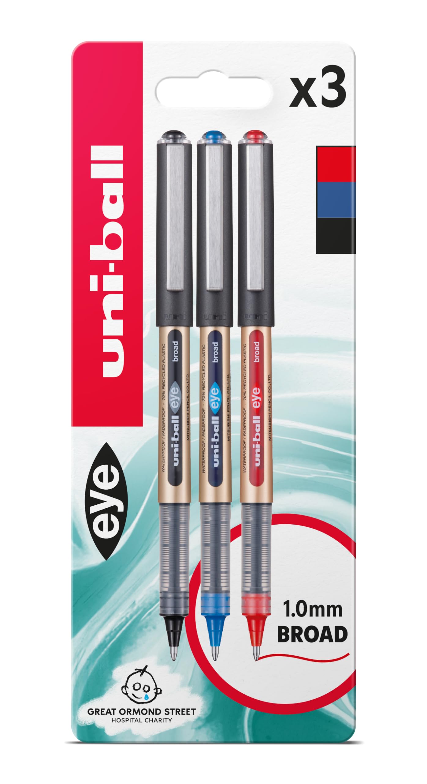 UB-150-10 Eye Broad Rollerball 3pc Blister Black/Blue/Red Plastic Free Packaging