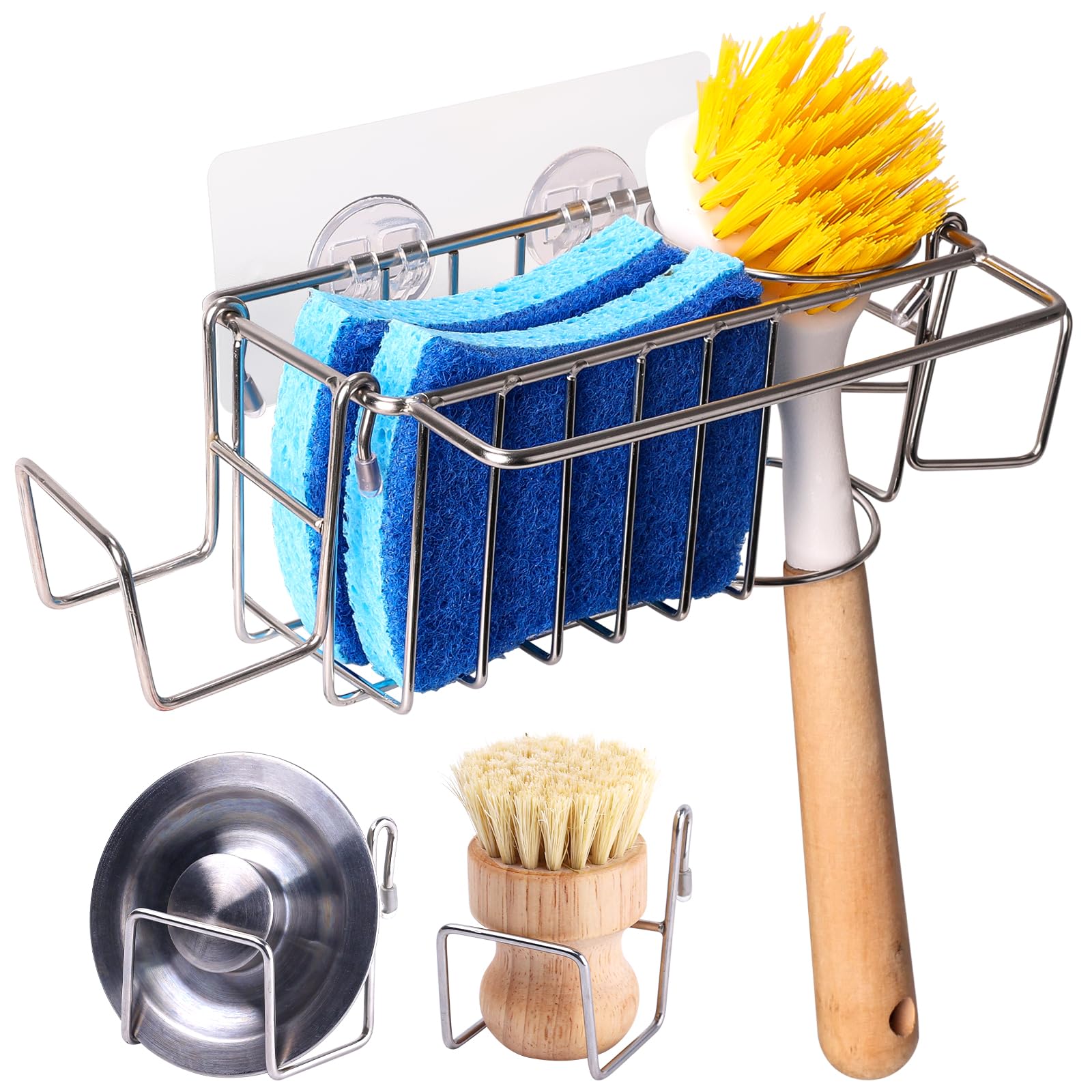 Photo 1 of Sponge Holder for Kitchen Sink, 5-In-1 Sink Caddy for Dish Sponge, Dish Cloth, Brush, with 2 Rotatable Racks for Scrubber+Sink Stopper, 304 Stainless Steel Kitchen Sink Organizer with Adhesive Hook