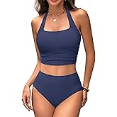 BMJL Womens High Waisted Bikini Sets Halter Two Piece Swimsuits Sporty Ribbed Tummy Control Bathing Suit