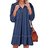Dokotoo Denim Dress for Women Summer Casual Babydoll 2026 V Neck 3/4 Puff Sleeve Jean Dresses