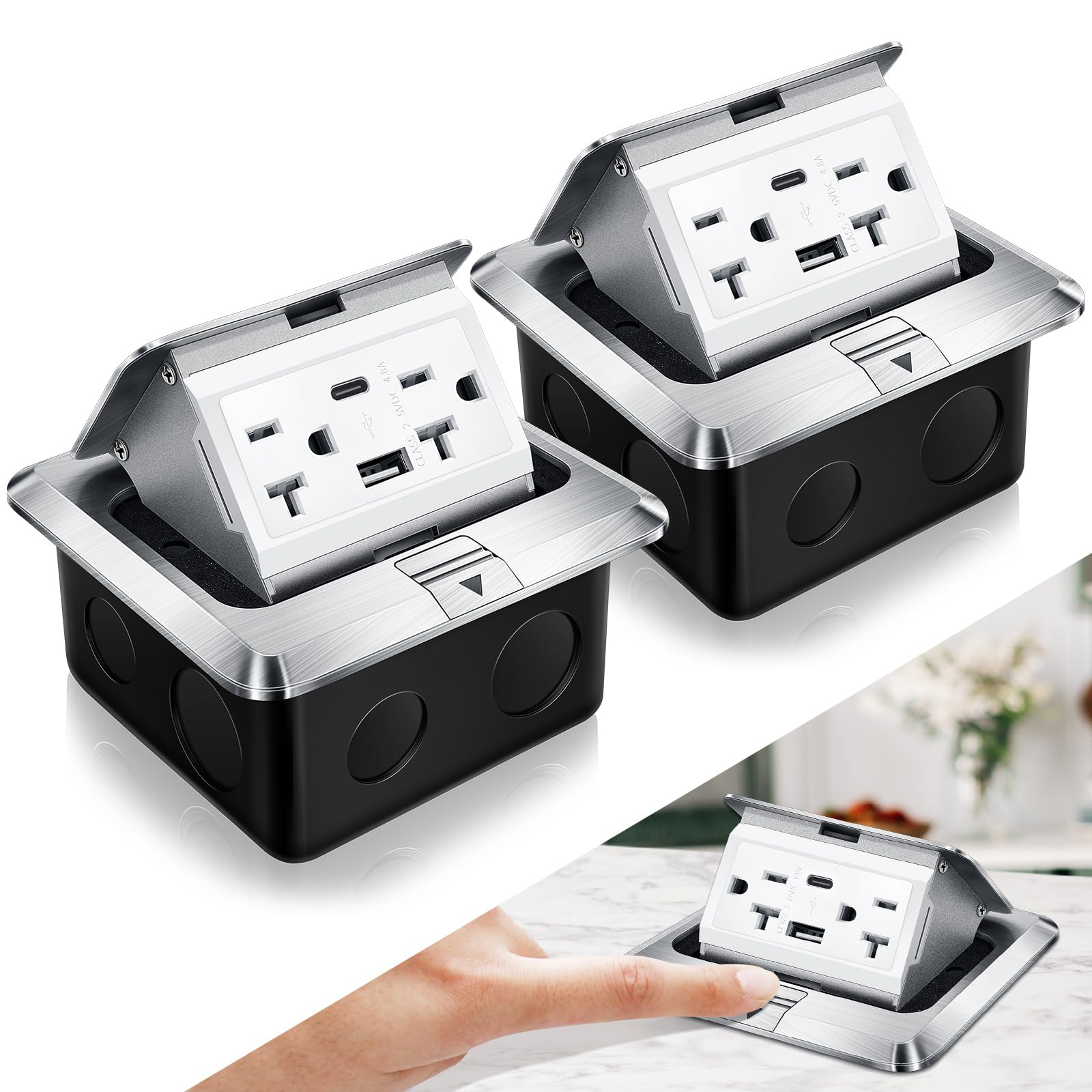 Photo 1 of Hoolerry 2 Pack Pop up Floor Outlet Floor Kit Waterproof Electrical Outlet Cover Box with 4.8A USB A & Type C Charge and 20 Amp Tamper Resistant Socket Receptacle for Countertop Office Home (Silver)