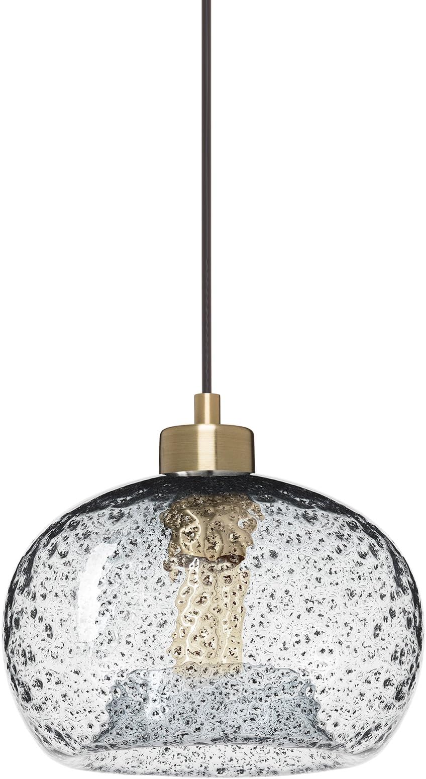 CASAMOTION Mini Pendant Light Handblown Rustic Seeded Glass Drop Ceiling Cights, Hanging Light with Black Sand Powder, Clear Glass Shade, Brushed Brass Finish