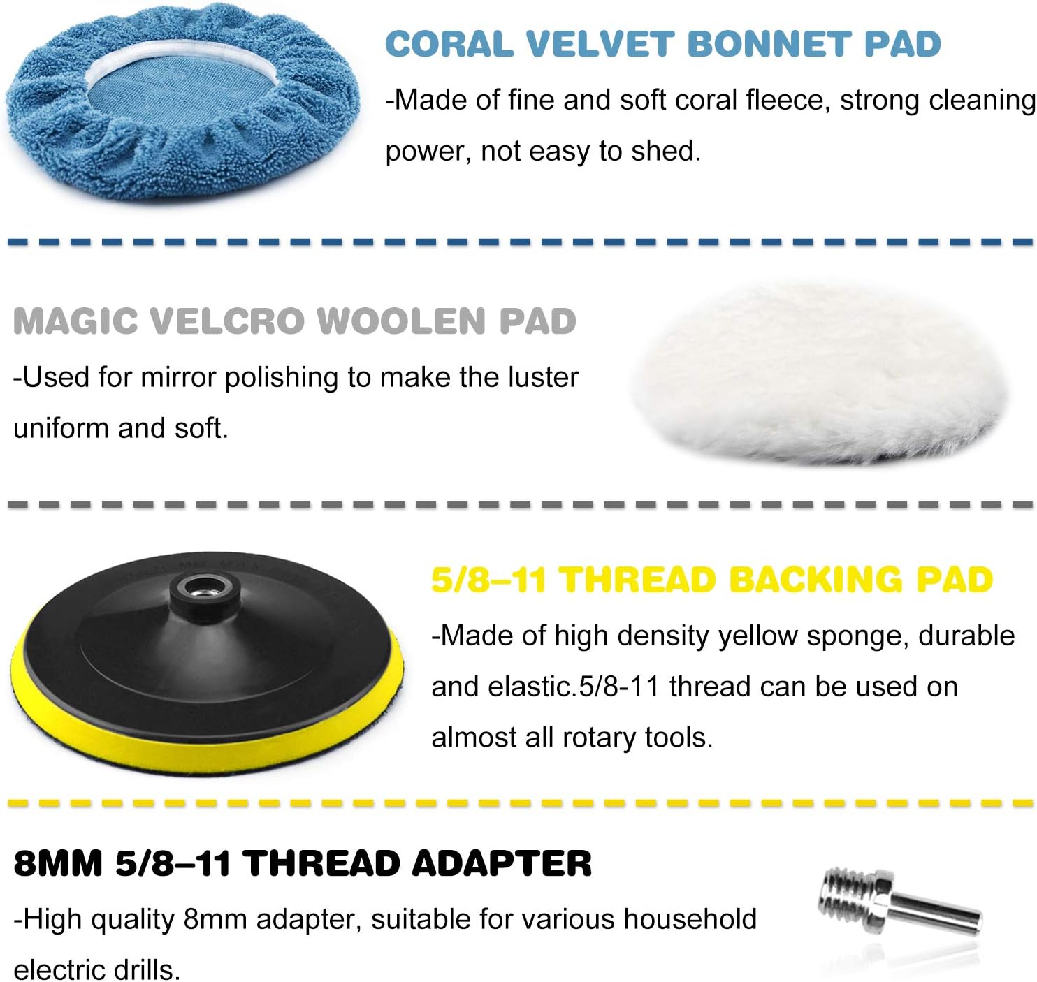7 Inch Polishing Pads Kit Car Foam Sponge Pads Wool Bonnet Pads with 5/8-11 Thread Backing Pads & 8mm Adapters for Polisher & Electric Drill Auto Body Repair Pad for Waxing Buffing Sealing Glaze,13PCS: Automotive