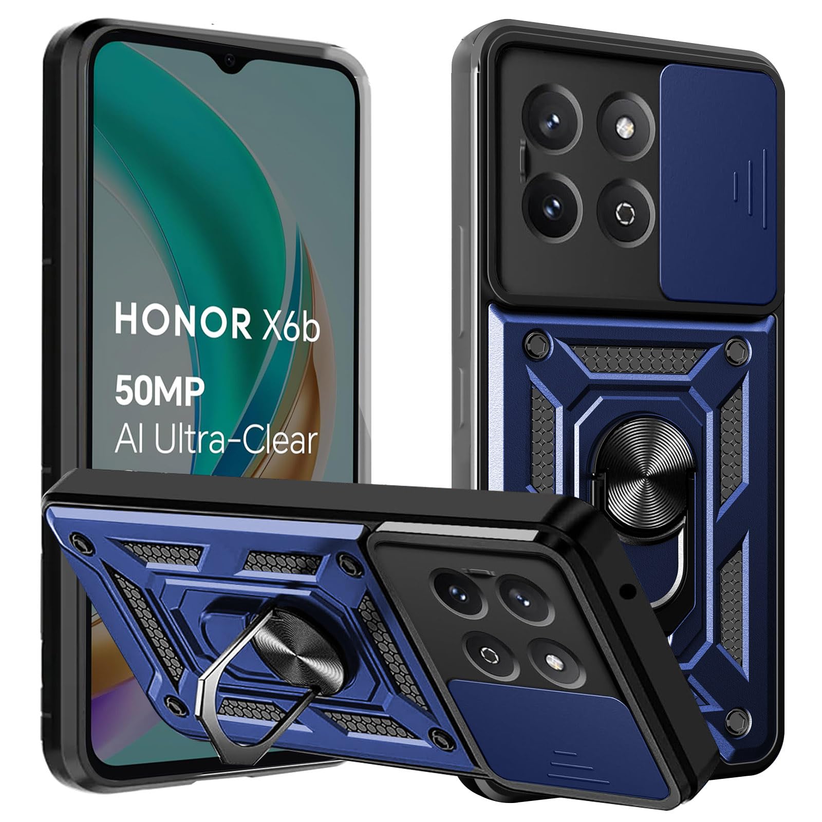 KZIOACSH Case for Honor X6B 4G, [360 Rotaring Kickstand][Slide Camera Cover] Hybrid Soft TPU Frame+ Hard PC Phone Cover Military Grade Anti-Scratch Shockproof Rugged Tough Shell, Blue — image 1