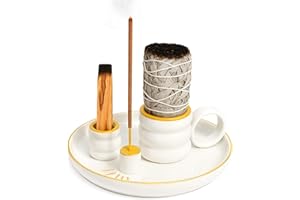 BS-VOG 4 in 1 Incense Holder, Palo Santo Holder for Burning Sage, Sticks & Candle, Ceramic Incense Burner with Handle, 5.9 Inch Ash Catcher Tray, Zen Decor for Meditation & Gift
