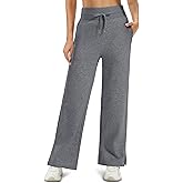 MAGCOMSEN Women's Fleece Lined Sweatpants Wide Leg Warm Winter Cotton High Waisted Lounge Straight Leg Pants Pockets