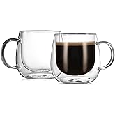 CNGLASS 12oz Double Walled Glass Coffee Mugs(2-pack),Clear Coffee Cups with Handle,Glass Espresso Mugs for Latte,Cappuccino,Tea