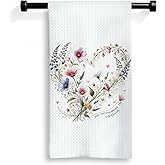 SFEDSGVHB Rustic Heart Floral Kitchen Towels, Watercolor Wildflowers Dish Tea Towels, Cottagecore Flower Botanical Decorative Hand Towel for Bathroom Kitchen, 16x24 Inch