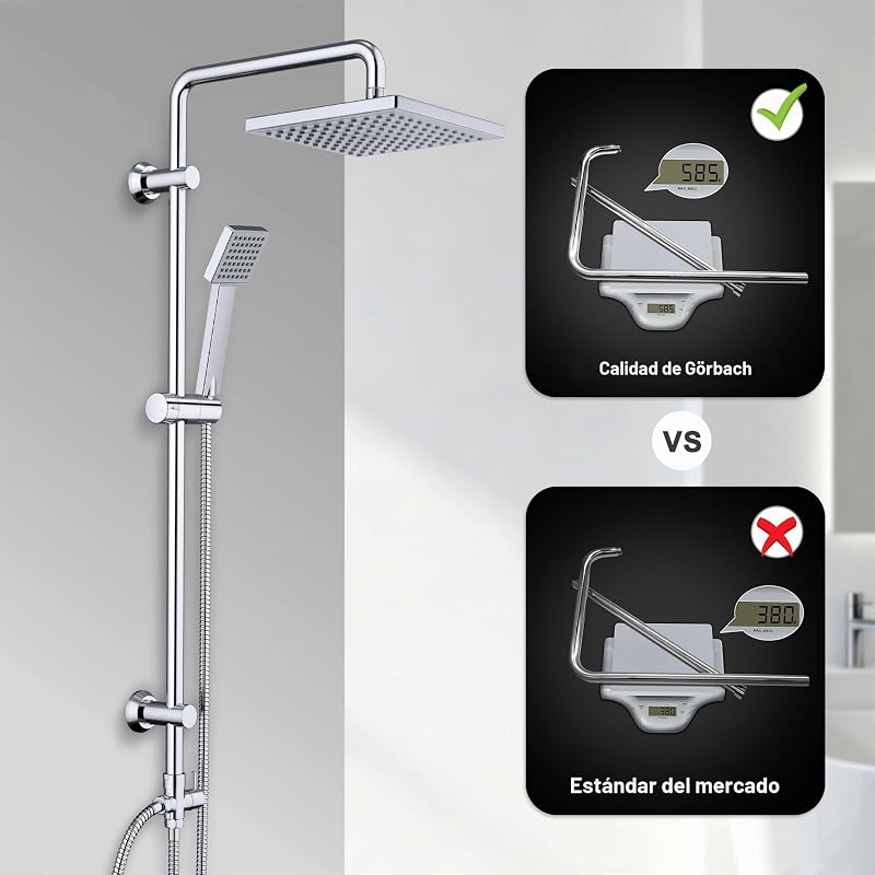 Columna de Ducha Acero Inoxidable sin Grifo Thermostato, Set Ducha con Barra Altura Adjustable con Ducha Mano Alcachofa y Cabezal Rociador Lluvia ABS 20x20cm, Cromo