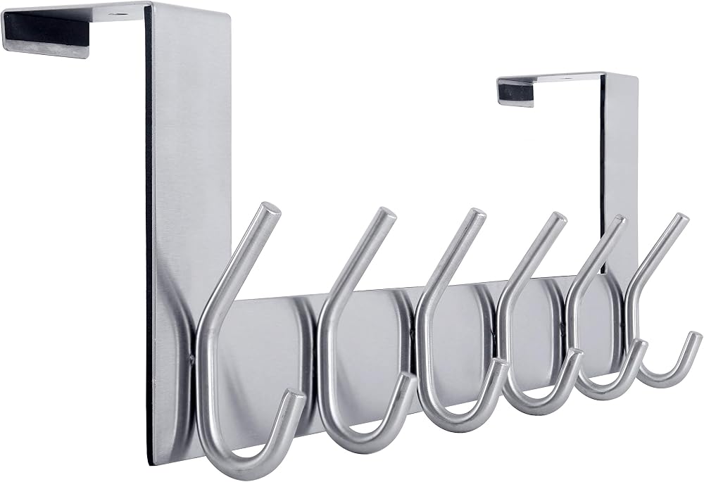 WEBI Over The Door Hook 6-Hook Hanger Stainless Steel Silver 39x11.5x8 cm