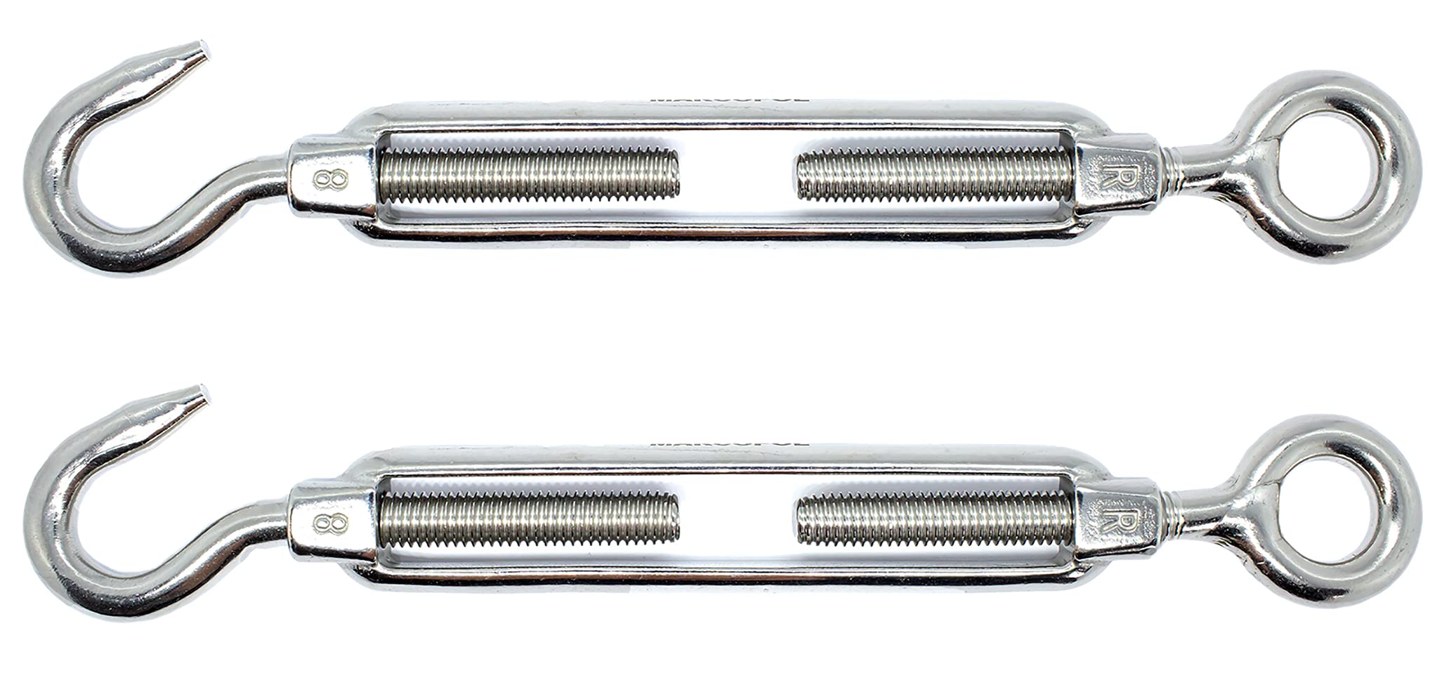 M8 x 120mm Eye & Hook Turnbuckles Wire Tensioner Strainer Open Closed Hook Threaded Hook A4 Marine Grade Stainless Steel (Pack of 2)
