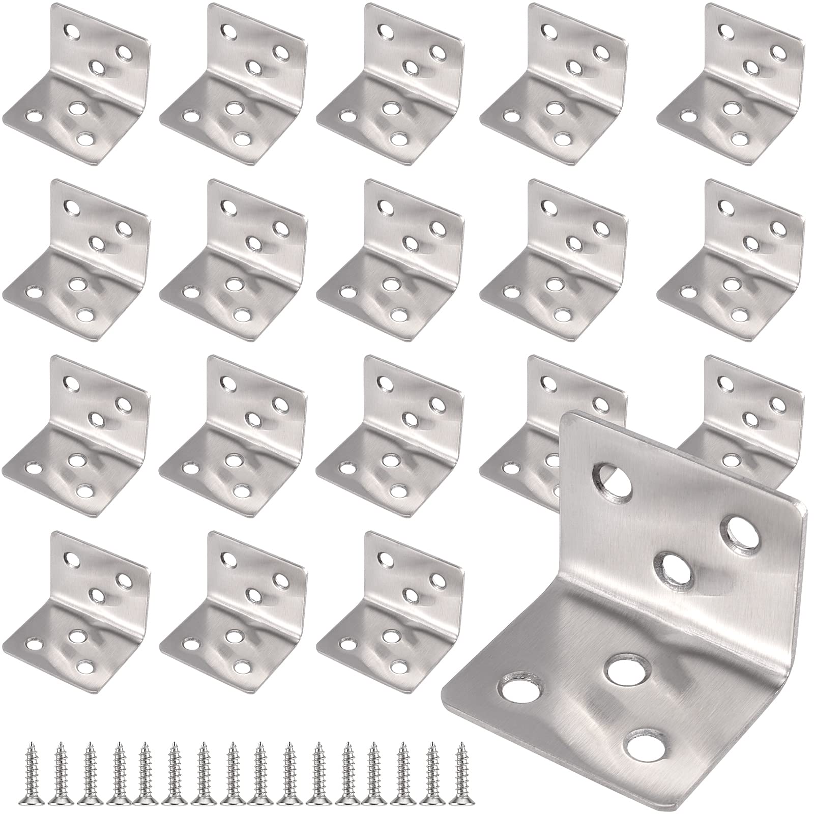 ZEONHEI Pack of 20 Angle Connectors 40 x 40 x 2 mm, Stainless Steel Angle Corner Braces L Angle Bracket, 90 Degree Metal Angle Support with 120 Screws, for Shelves, Wood Cabinets