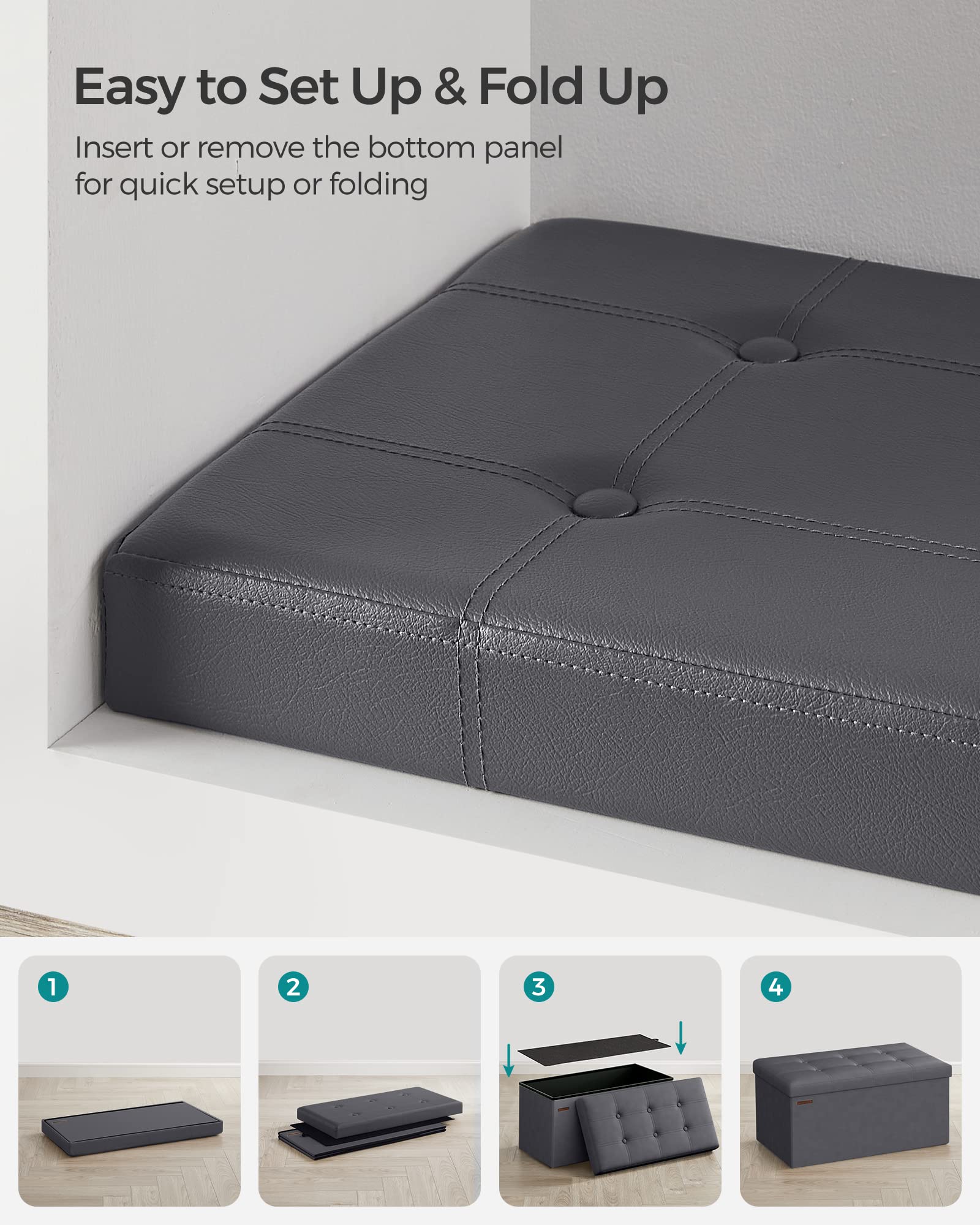 SONGMICS 30 Inches Folding Storage Ottoman Bench, Storage Chest, Footrest, Coffee Table, Padded Seat, Faux Leather, Holds up to 660 lb, Dark Gray ULSF040G01