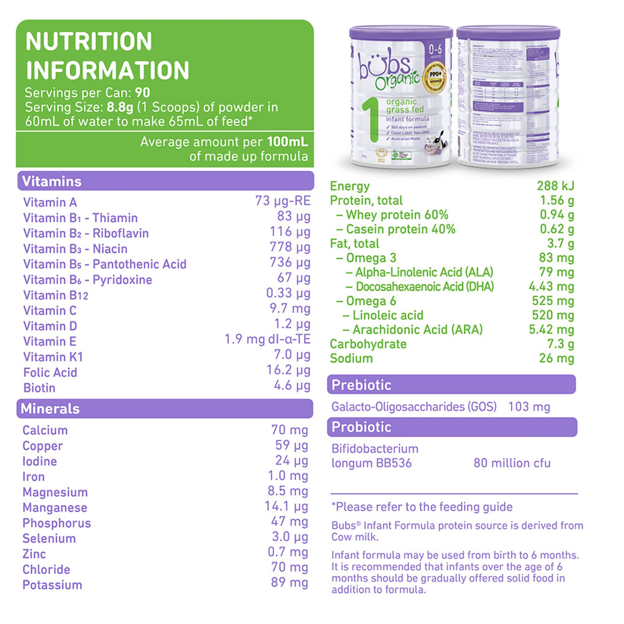 Bubs Organic Grass Fed Infant Formula Stage 1, Infants 0-6 months, Made with Non-GMO Organic Milk, 28.2 oz