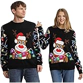 FWV Ugly Christmas Sweater Women Men 2025,Light Up Christmas Sweater for Couples,Funny Reindeer Xmas Tacky Pullover Cute