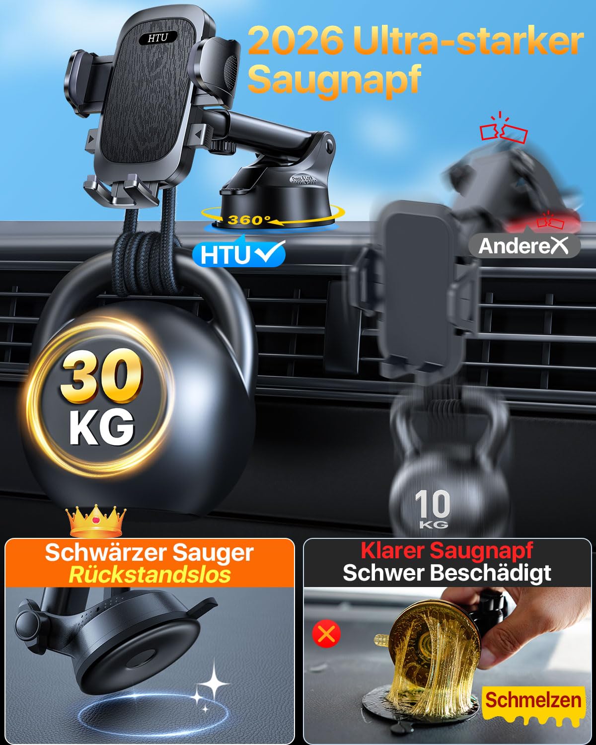 HTU 2026【Militär-Klasse】 Handyhalterung Auto【Stärkste Saugnapf & Lüftung】 Handy Halterung Auto 360° Drehbar Handyhalter Auto auf Armaturenbrett Scheibe für iPhone 17 Pro Max Samsung S25, Schwarz 2