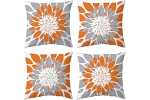 Qahing Pack of 4 Outdoor Waterproof Pillow Covers 16x16 Decorative Outdoor Throw Pillows Garden Square Cushion Cases for Patio Furniture, Couch, Tent Sunbrella, Bench, Orange Grey