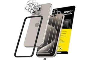 NEW'C 3x Screen Protector for iPhone 15 Pro Max (6.7 inches)+ 3x Camera Lens Protector, Sensor Protection, Case Friendly Temp