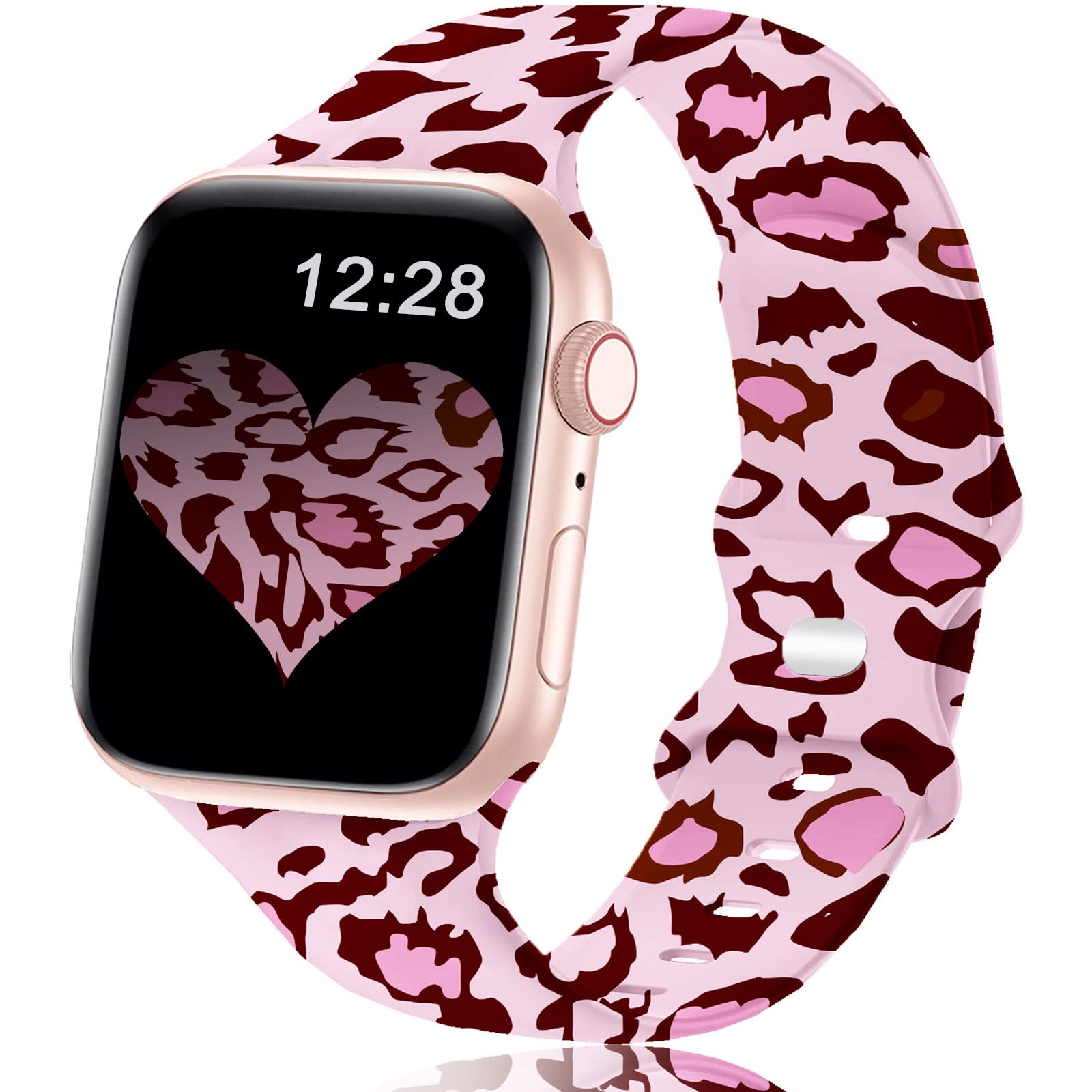 OTTARTAKS Band Compatible with Apple Watch Band 42mm 44mm 45mm 49mm Women, Pink Leopard Cheetah Print Silicone Waterproof Apple Watch Bands for iWatch Series 10 Ultra 9 7 6 5 4 SE 3 2 1 Cute Gifts