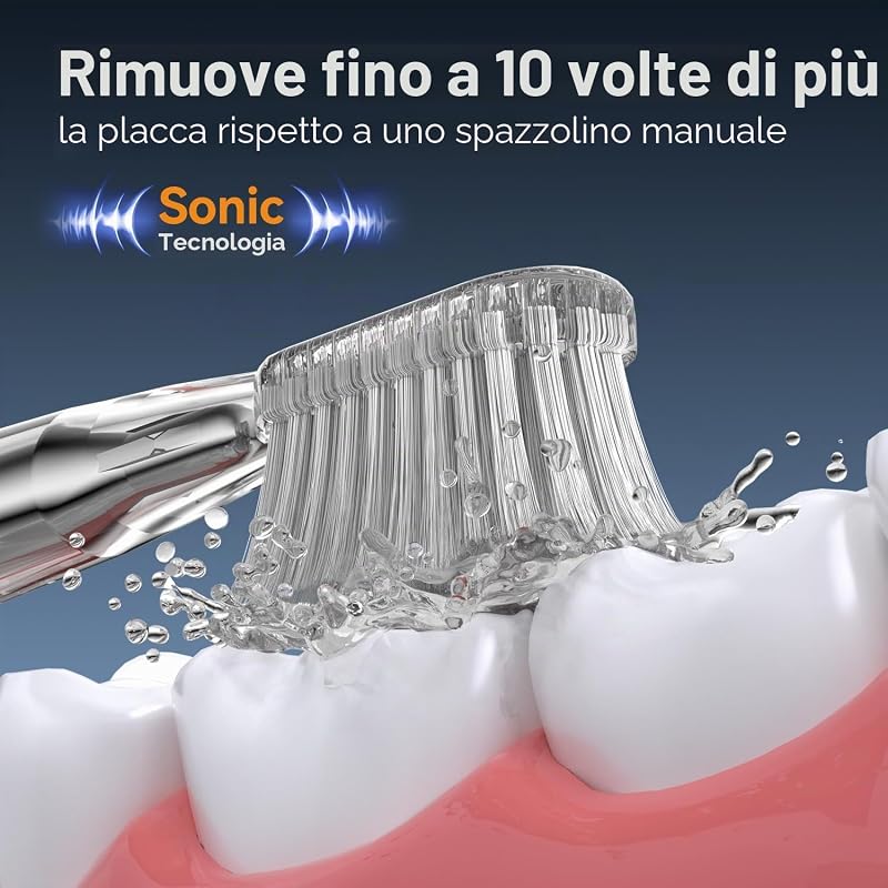 Spazzolino Elettrico Sonico con Raschietto Lingua per Adulti, 6 Testine, 3 Modalità e 40000VPM, Ricarica Rapida 3H, 45 Giorni, Effetto Metallo (Oro Rosa)