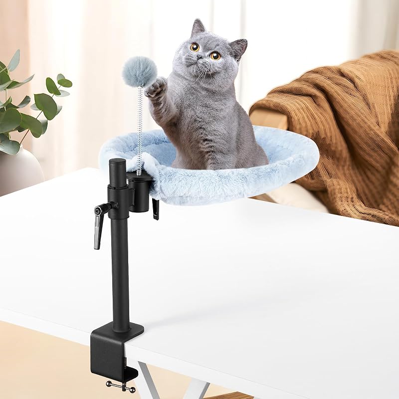 Lit de Bureau pour Chat - Rotation à 360° réglable en Hauteur - Hamac pour Chat d'intérieur avec Maille et Tissus lavables en Peluche (Blanc)
