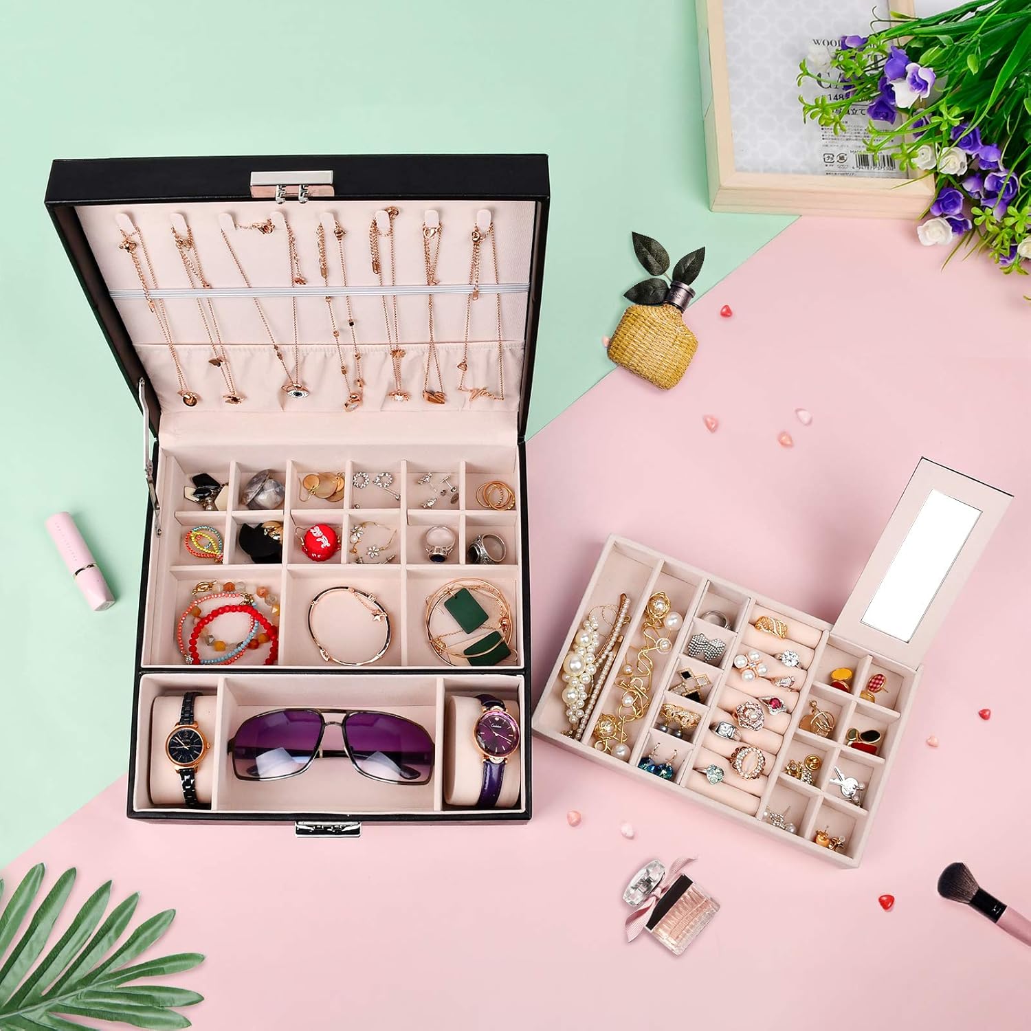 Womens Jewelry Boxes Jewelry Organizer Box with Coded Lock, Black Large Jewelry Storage Box for Women Girls Two Layers 36 Compartments, Jewelry Holder Bracelets Necklaces Earrings Organizer: Home Improvement