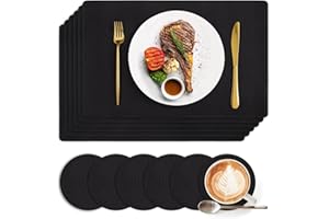 KINTKITA Black Faux Leather Placemats Set of 6,Stain & Heat Resistant Dining Table Mats with Free Drink Coasters,Waterproof Table Place Mats for Dining Table Indoor & Outdoor Use Size 18"x 12"