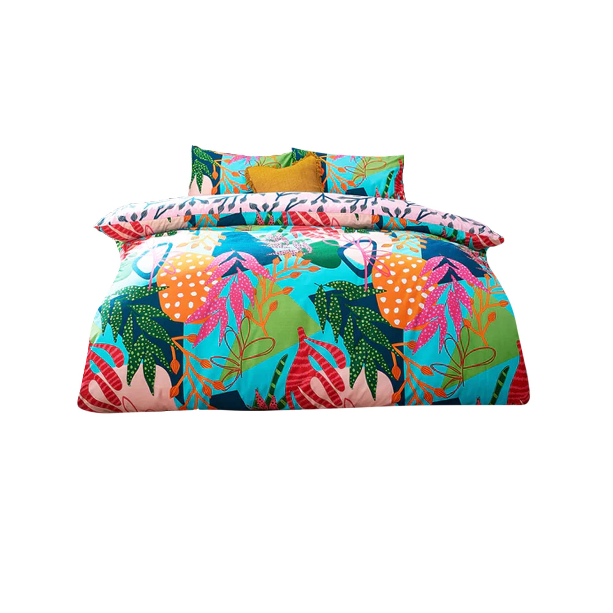 furn. Coralina Tropical Palm Duvet Cover Set – Vibrant Reversible Floral Leaf Bedding (Blue – Double)