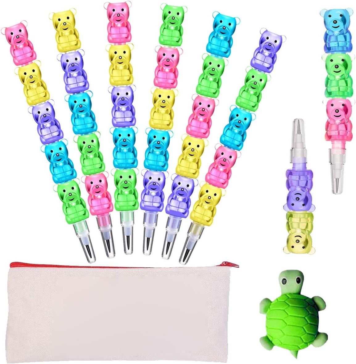 30pcs Stackable Pencils Plastic Bear Pencils, 5 in 1 Stacking Colored Pencils with Turtle Erasers and DIY Blank Bag For Birthday Party Supplies School Fun Equipment: Office Products