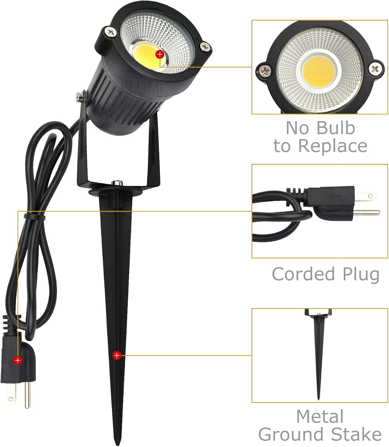 J.LUMI GSS6005 Outdoor LED Spotlights 5W, 120V AC, 3000K Warm White, Outdoor Use, Metal Ground Stake, Flag Light, Outdoor Spotlight with Stake, UL Cord 3-ft with Plug (Pack of 2): Home Improvement