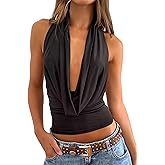 Luckinbaby Women Cowl Neck Tank Top Open Back Draped Front Plunge Halter Top Sleeveless Y2k Going Out Tops