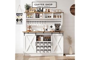 4ever2buy Farmhouse Coffee Bar Cabinet with 4 Storage Hutch, 55 Inch Wine Bar with 12 Wine Racks and 8 Hooks, Hutch Storage Cabinet with Sliding Barn Doors for Kitchen Dining Living Room, White