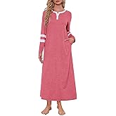 Women Cotton Long Sleeve Nightgowns Soft Button Down Sleep Shirts Full Length Night Shirts Sleepwear with Pockets