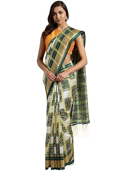 Womens Poly Silk Printed Saree with Tassels (White and Green)