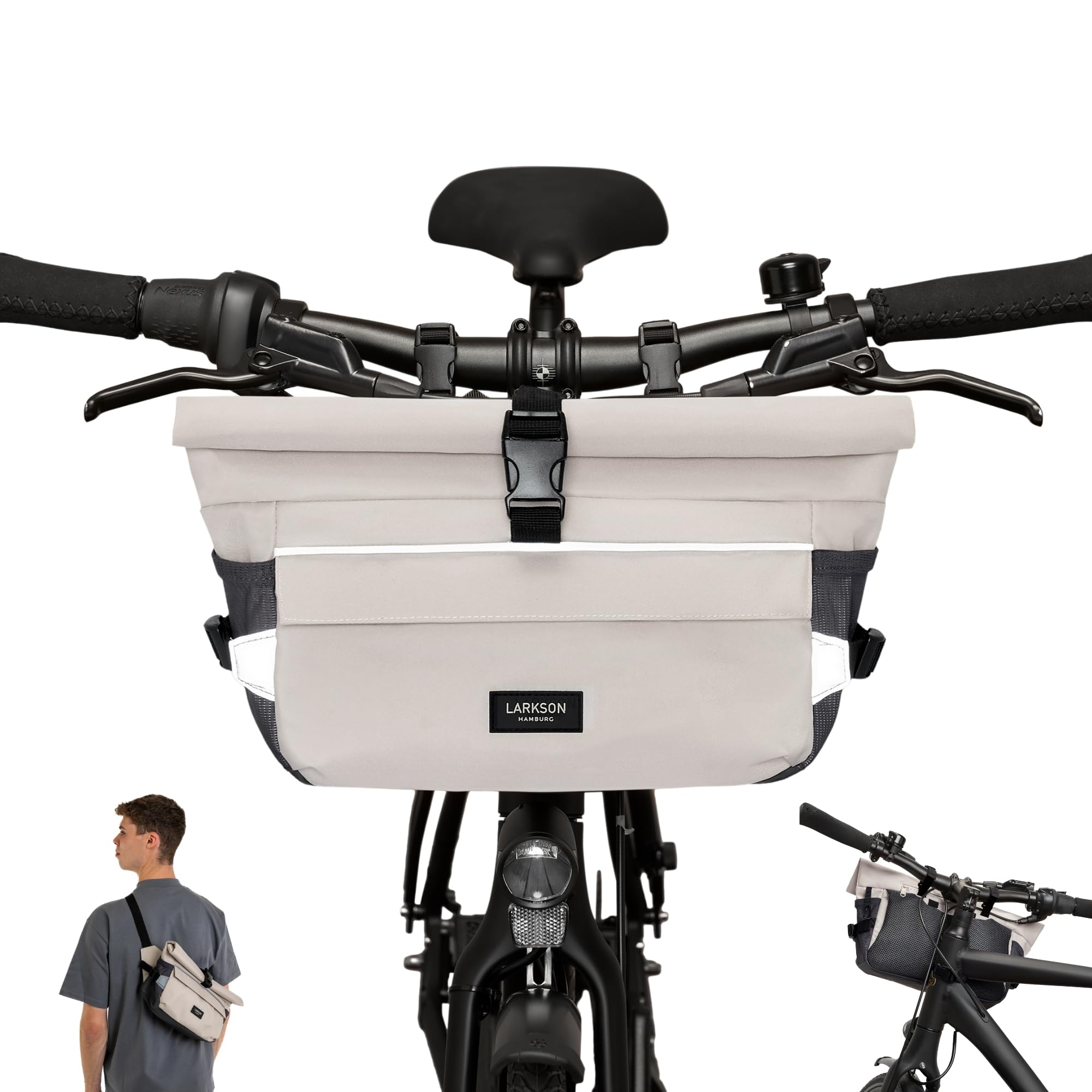 LARKSON Handlebar Bag Beige - Lasse - 2 in 1 Bike Bag & Shoulder Bag - Bikepacking Bags for Handlebars Front with Reflection - Water Repellent