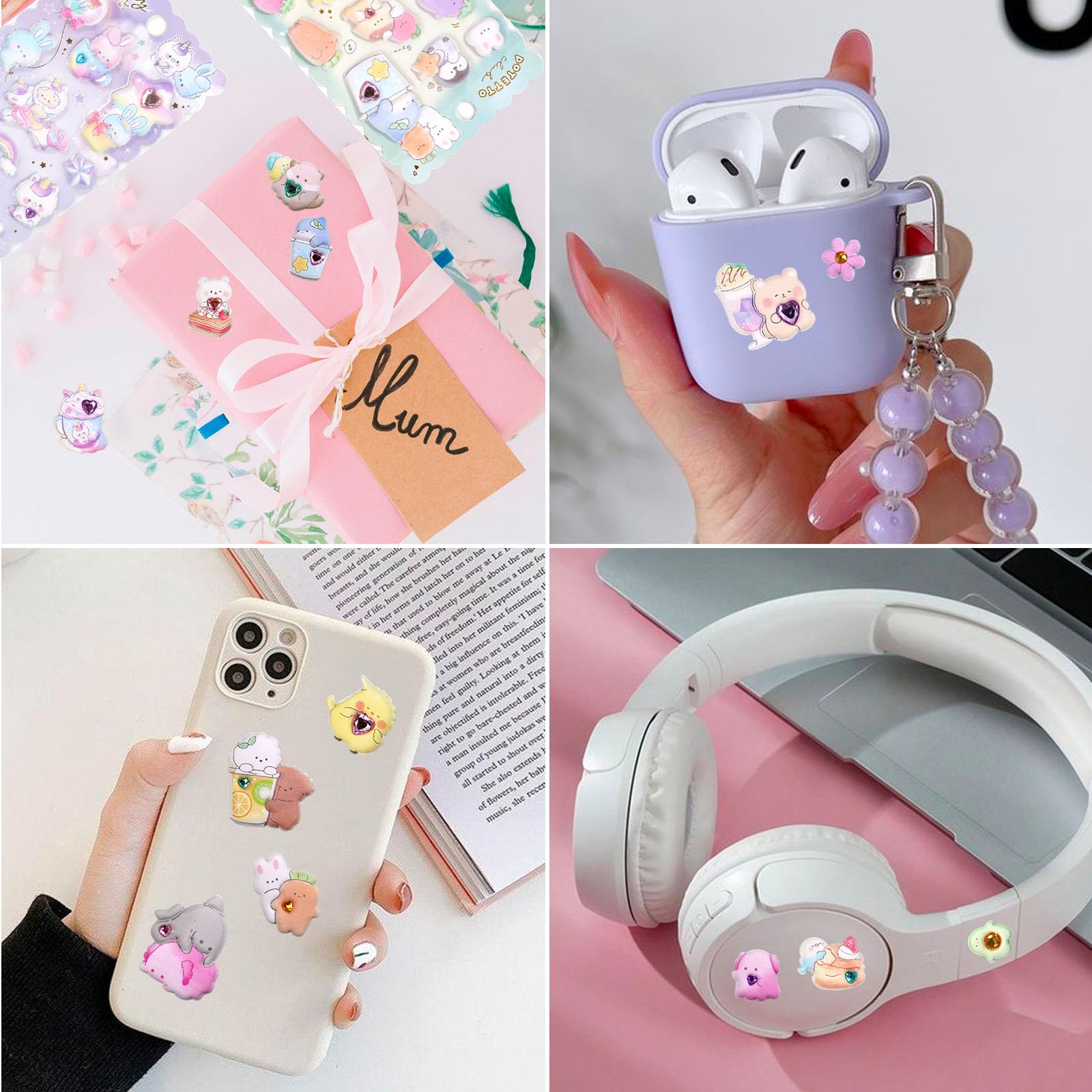 Puffy Stickers with Sparkly Gem Embellishment for Kids Girl -Cute,Kawaii,Soft,Thick,Large Japanese Puff Sticker for Adults –3D Squishies Puffer Sticker for Phone Case,Notebook,6 Sheets.
