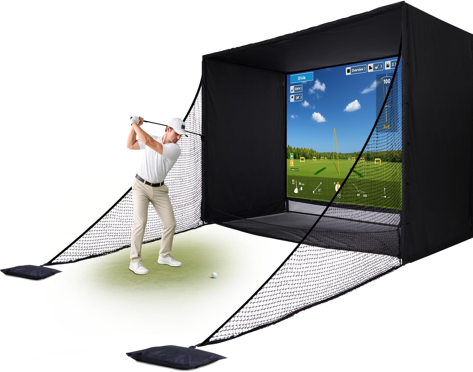 Photo 1 of ZEALFEEL Golf Simulator Enclosure, 11x8FT Golf Net with HD Impact Screen & Side Barriers – Dual-Layer Impact Screen, Foam-Padded Frame, Indoor Cage Net for Home Garage Studio
