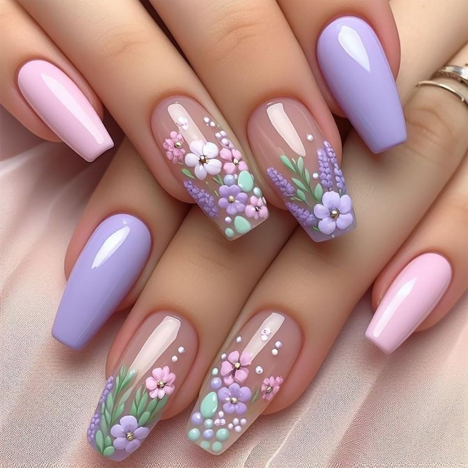 Photo 1 of French Flower Press on Nails Coffin Medium Fake Nails Glossy Purple Glue on Nails Spring Summer False Nails Full Cover Stick on Nails Cute Acrylic Artificial Nails Floral Nails Press on for Women