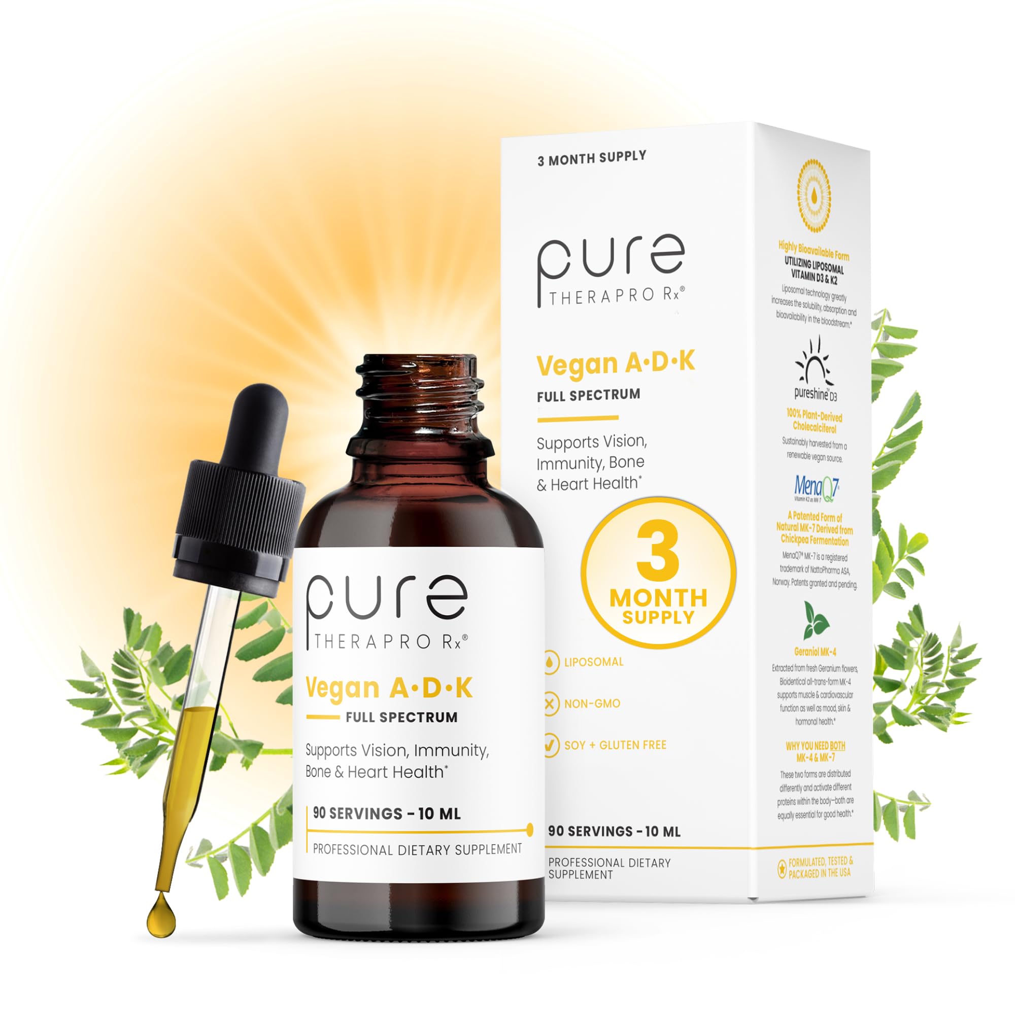 Photo 1 of Pure Therapro Rx Vegan A-D-K Drops 10 Ml, Made in USA | 3 Month Supply | Vitamin A (Palmitate), Liposomal Vitamin D3 (Pureshine), Liposomal Vitamin K2 (MK-4 & MK-7) Supports Immunity & Bone Health