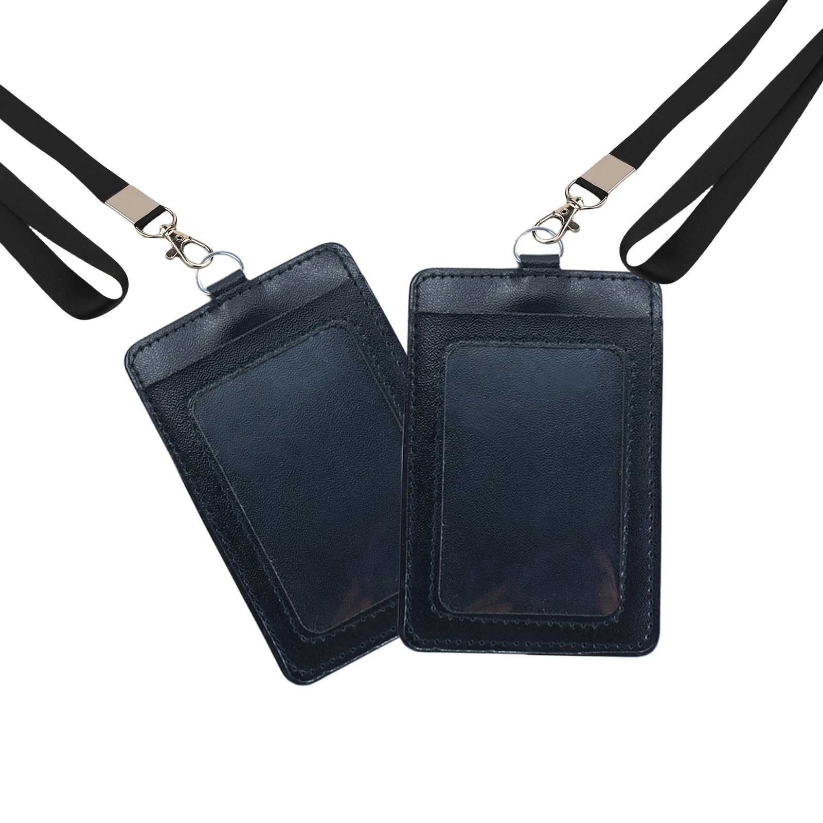 2 Pack Vertical PU Leather ID Badge Card Holder with Lanyard & 2 Card Slot, Clear Window Name Badge Holder Case for Access Card, Business Credit Card, School Work ID, Name Tags (Black)