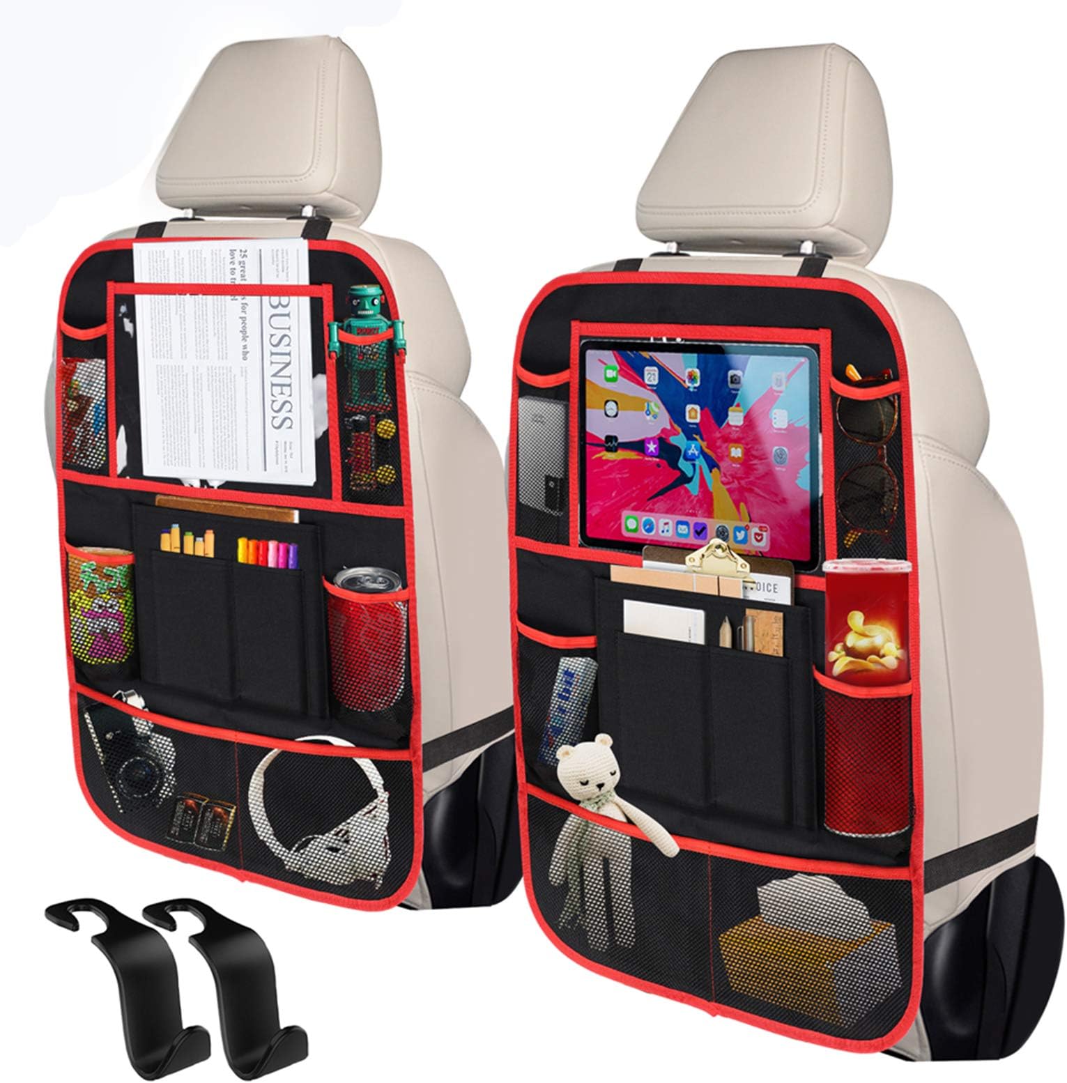 Stellaire Chern Car Back Seat Organizer Kick Mats with 10" Touch Screen Tablet Holder, 9 Storage Pockets Seat Back Protectors for Kids Toy Bottle Book Drink Toddlers Travel Accessories, 2 Pack