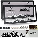 ZXFOOG Mountain License Plate Frames- Plastic Black Car Tag Holder Bracket with Screws Caps, 2 Packs 2 Hole, Silver on Black, Mountain Vinyl Sticker Included
