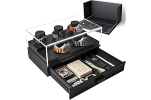 HOLME & HADFIELD Watch Box Organizer for Men - 5 Pillar Watch Holder with Acrylic Cover - Watch Box for Men with Large Drawer for Accessories - 360 Watch Display Case - Watch Case, Men Watch Box - The Curator, Black
