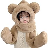 Kids Winter Plush Beanie Hat Scarf Gloves 3 in 1 Set Warm Cute Faux Fur Long Hoodie Earflap Scarf Mitten Gift for Girl Boy