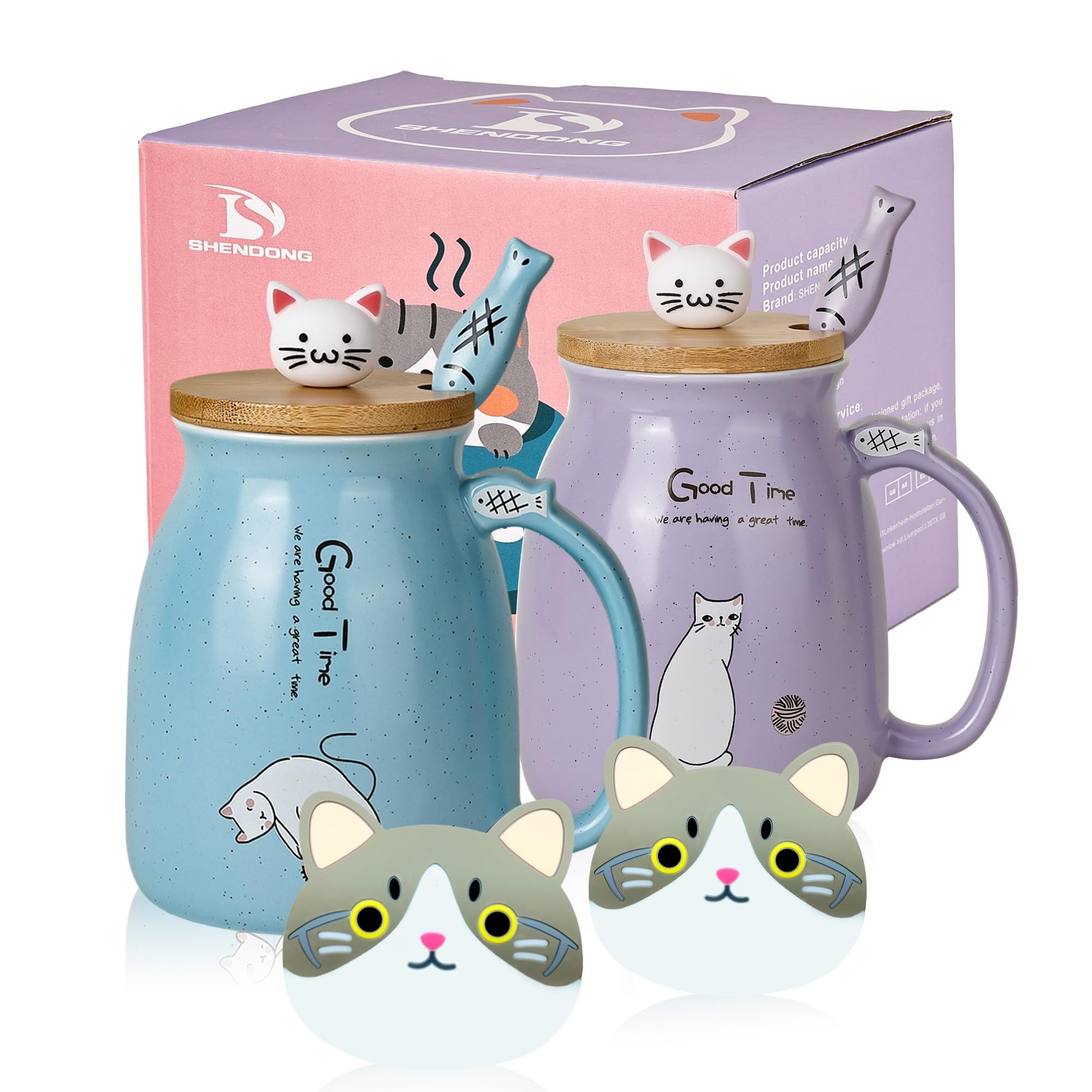 SHENDONG 2 Pack Cat Mugs Cute Ceramic Coffee Cups Set of 2 with Kawaii Bamboo Lid and Spoon Novelty Morning Cup Coffee Milk Tea Mugs - 3D Animal cat Mugs for Cat Lovers Women Gifts (Blue and Purple)