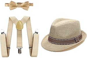 HIHCBF 1920s Kids Costume Accessories Set Boys Party Outfits Adjustable Suspenders Pre-Tied Bow Tie Short Brim Fedora Hat