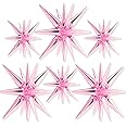 PartyWoo Star Balloons 6 pcs, One-Piece Pink 14-pointed Star Explosion Balloons with Ribbons, Pink Point Star Foil Balloons, Large Mylar Balloons Fireworks Shape for Wedding Birthday (27 & 22 inch)