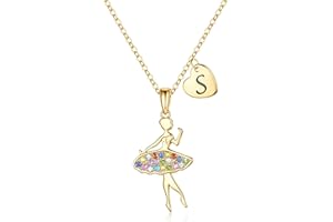 Vrsilver Ballet Necklace for Girls, 14K Solid Gold Over Colorful CZ Ballerina Necklace Heart Initial Necklaces for Teen Girls Jewelry Dance Recital Gifts for Girls Birthday Gifts for Girls Women